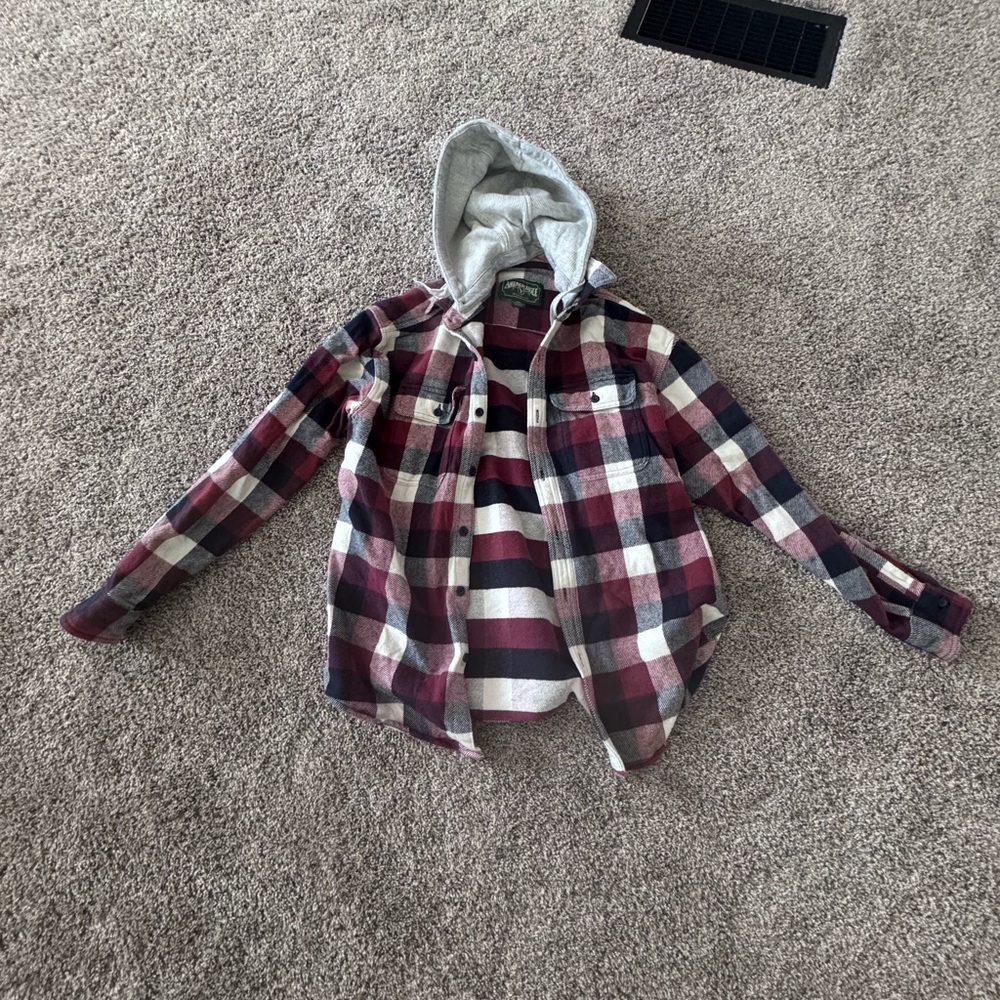 Mens Plaid Hooded Shirt - burgundy and blue